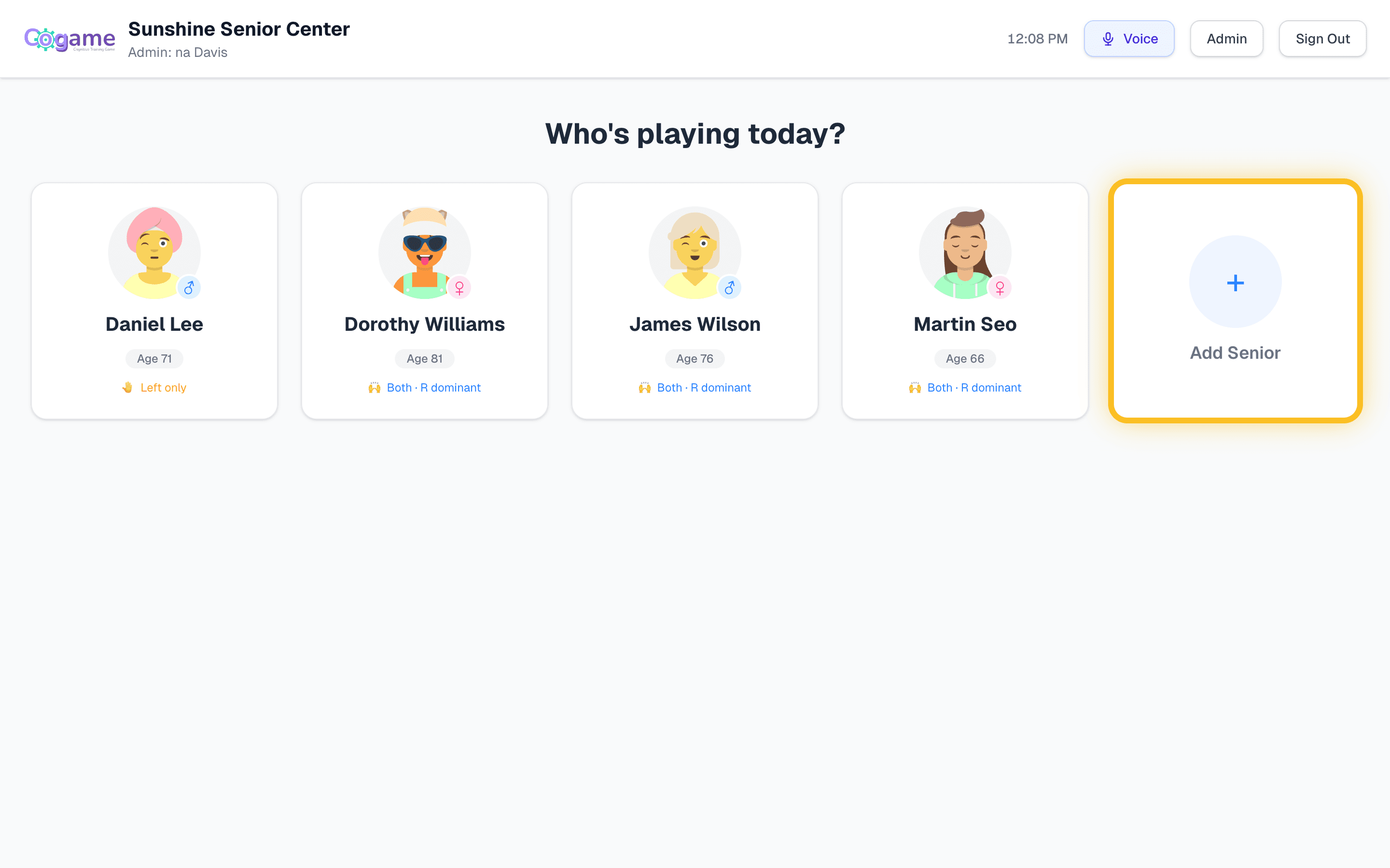 Training station screen at /play with the Add Senior card highlighted