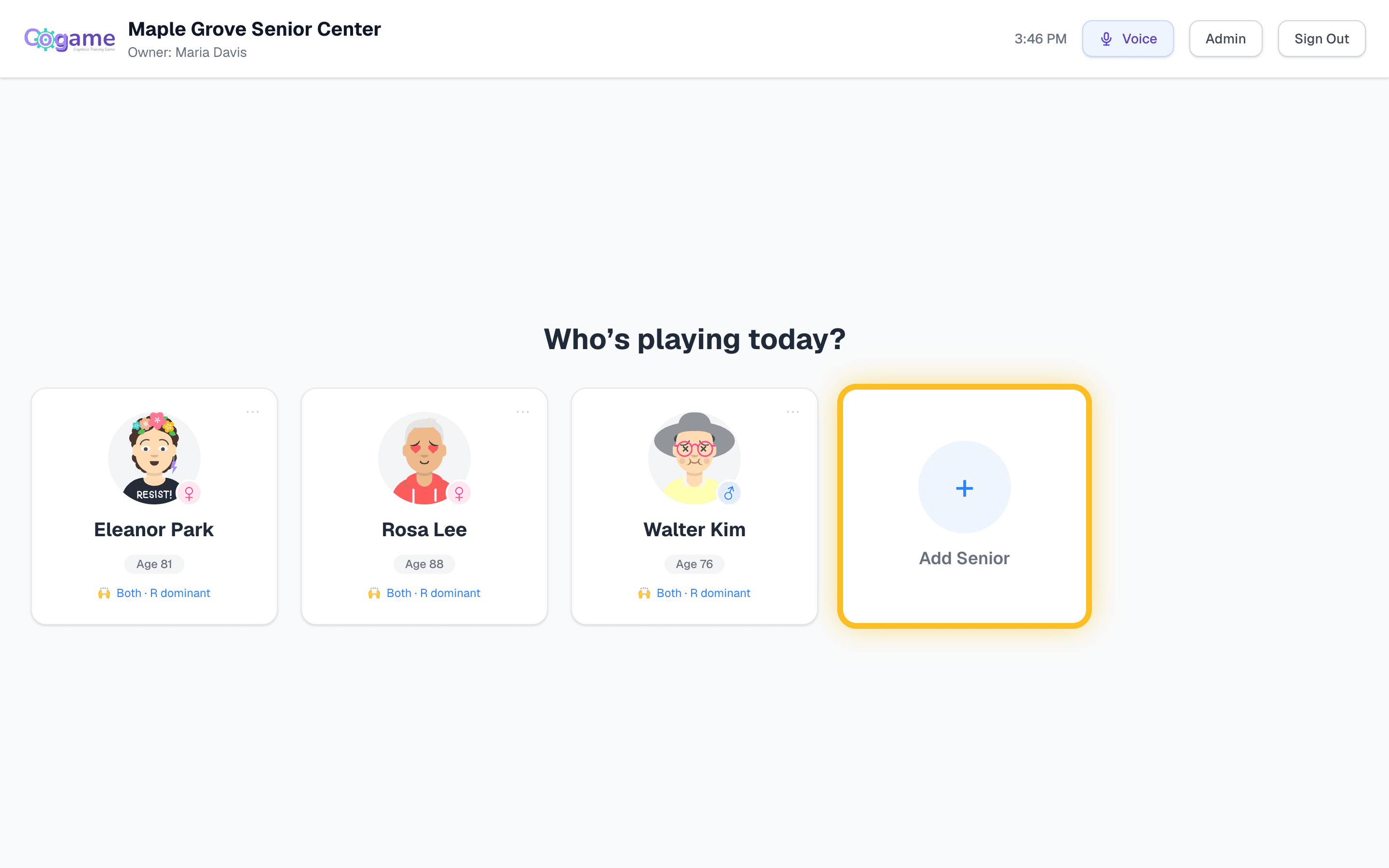 Training station screen at /play with the Add Senior card highlighted