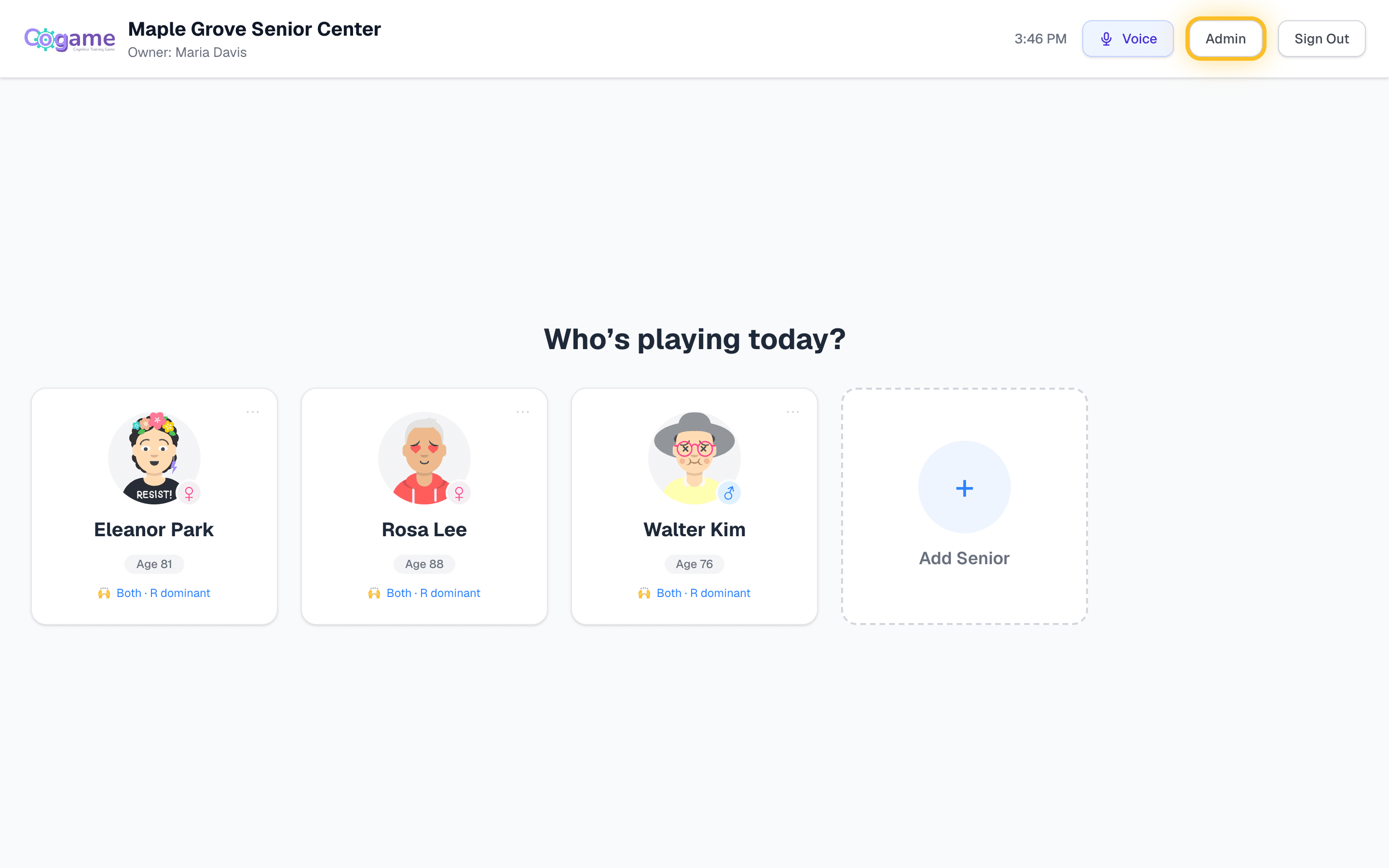 Training station 'Who's playing today?' screen with the Admin button in the top-right corner highlighted