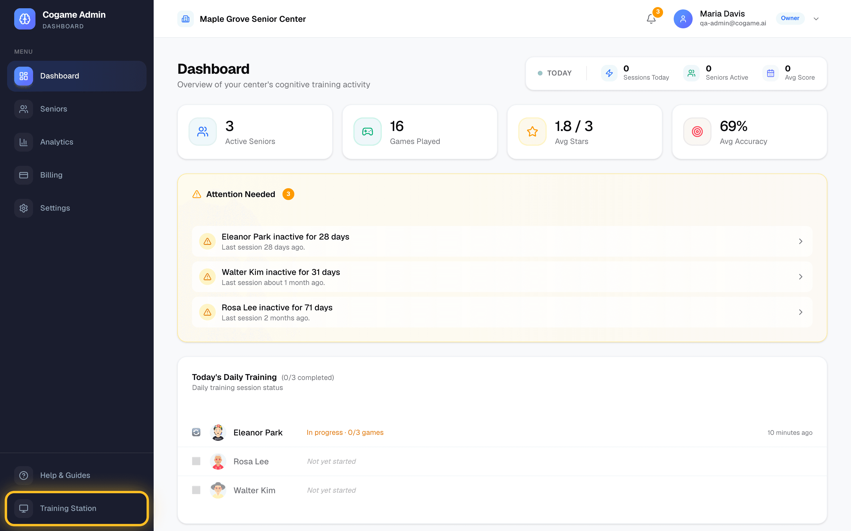 Admin dashboard with the Training Station link at the bottom of the left sidebar highlighted