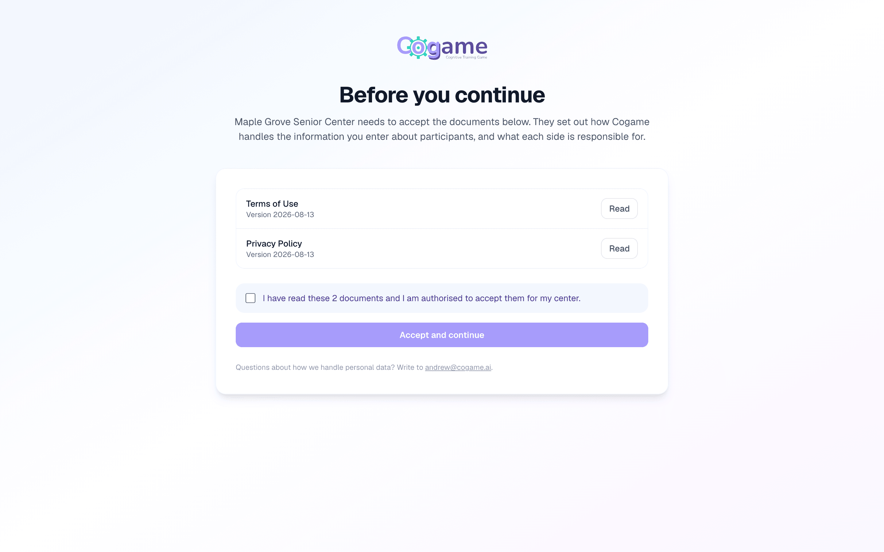 The 'Before you continue' page listing Terms of Use and Privacy Policy with an acceptance checkbox and Accept and continue button