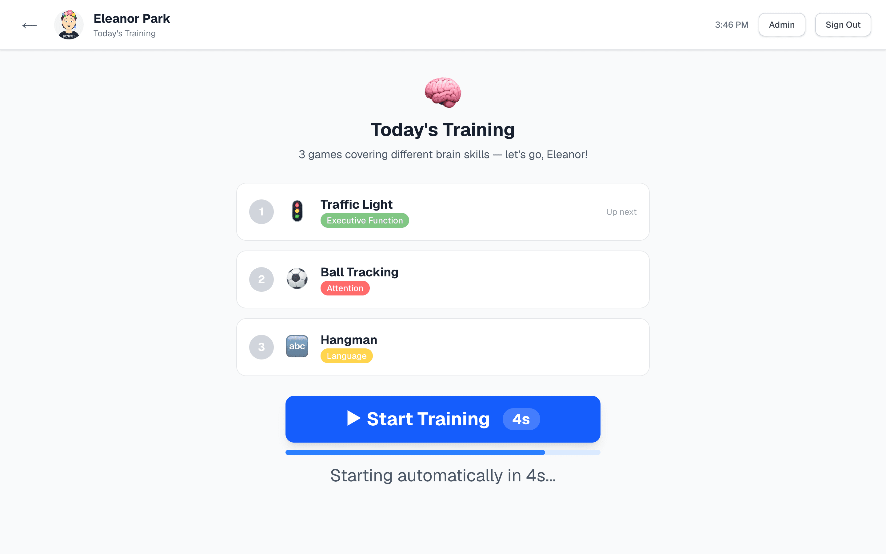 Today's Training screen listing three games โ Traffic Light, Ball Tracking, Hangman โ with a Start Training button counting down from 5 seconds