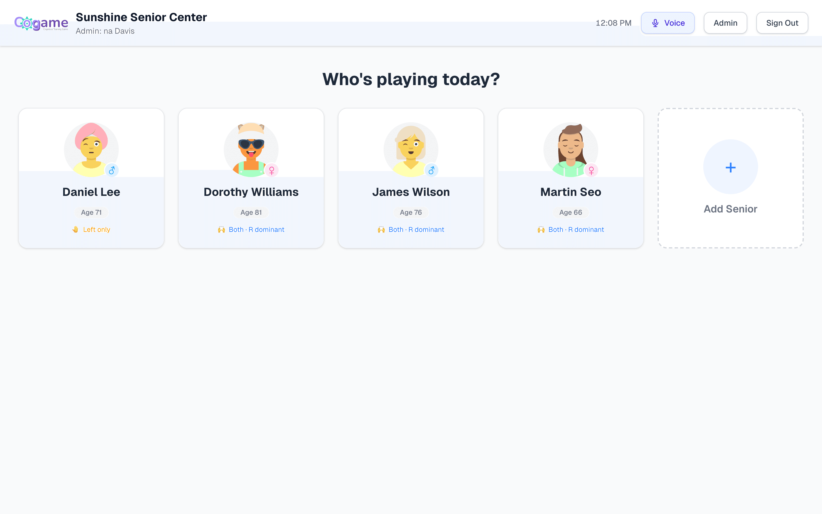 Cogame /play profile selection screen showing senior avatars to choose from
