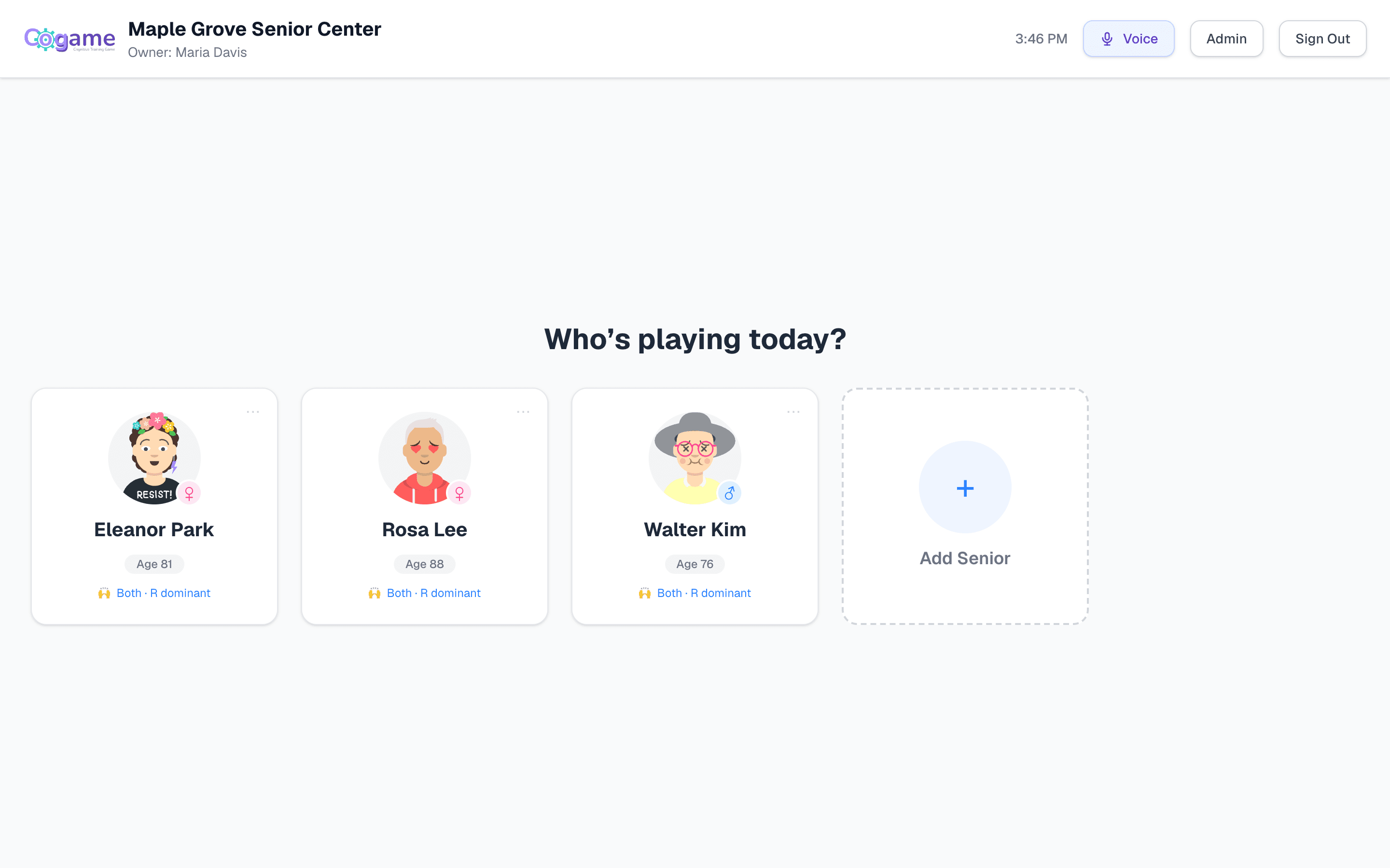 Cogame /play profile selection screen showing senior avatars to choose from