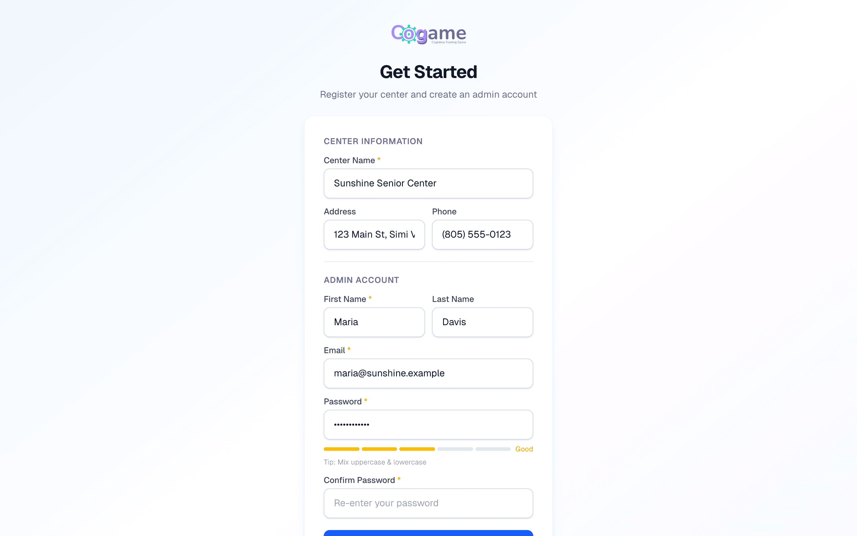 Cogame signup form with center info, admin info, and Start Free Trial button