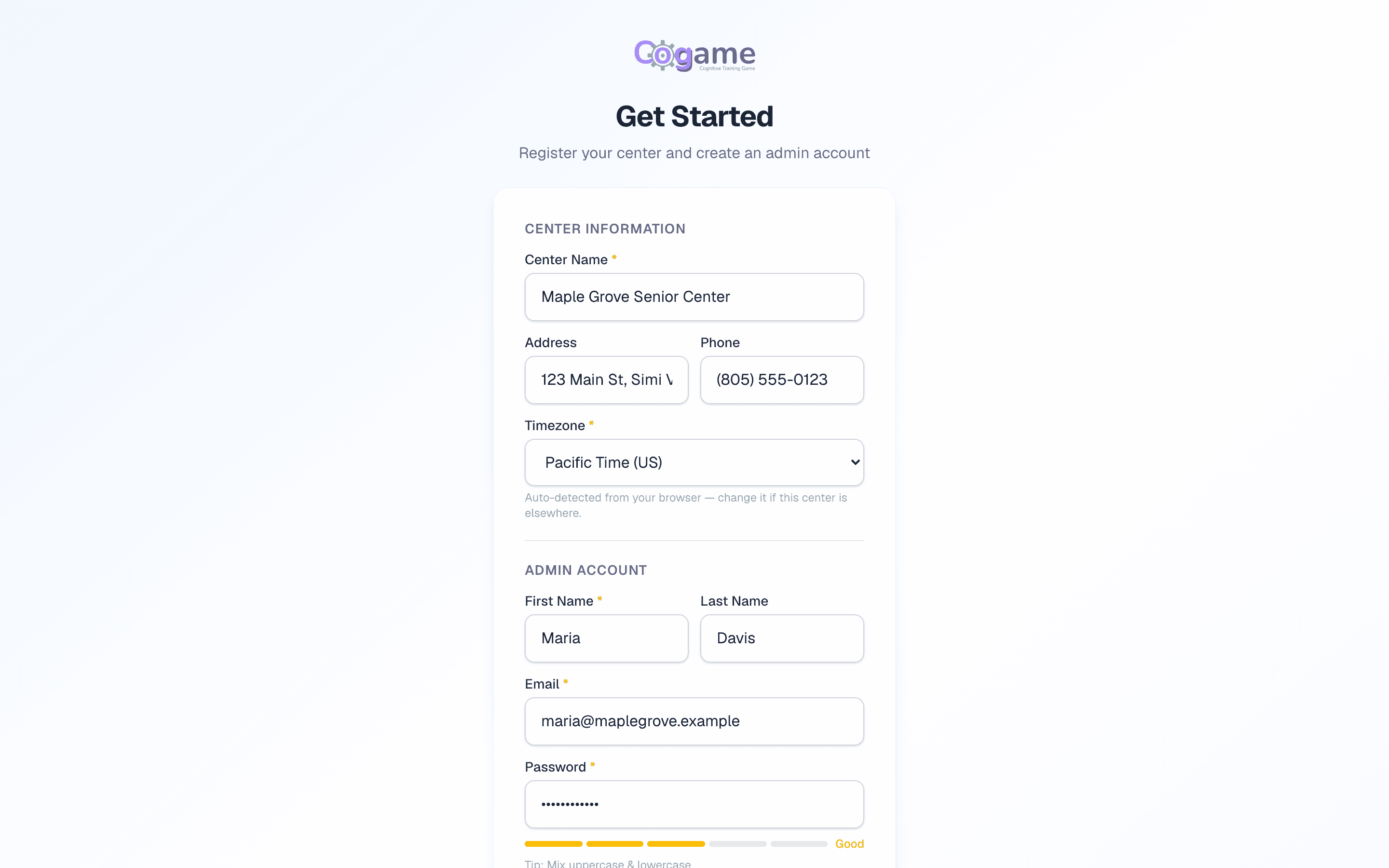 Cogame signup form with center info, admin info, and Start Free Trial button