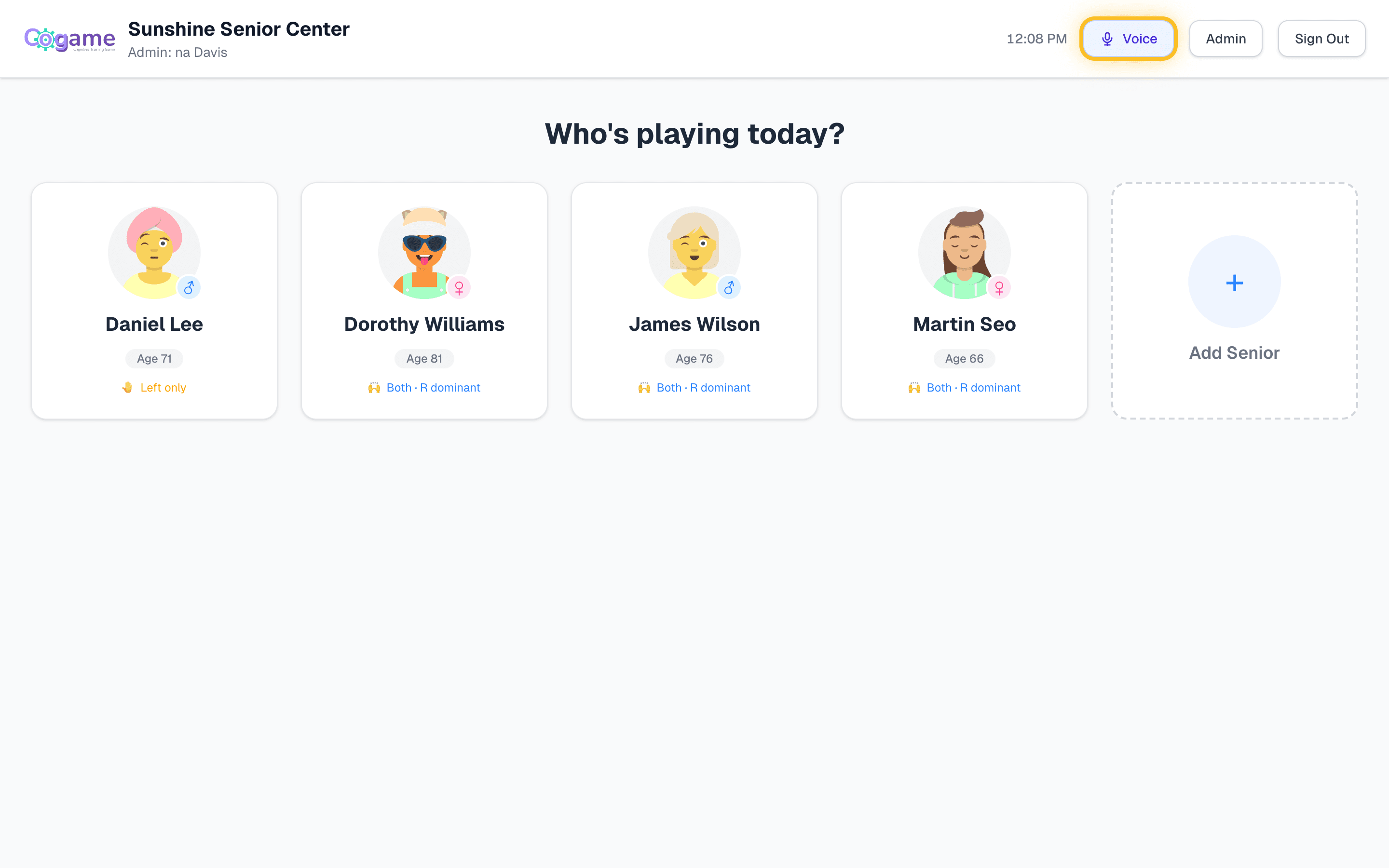 The /play screen with the Voice button highlighted in the top navigation