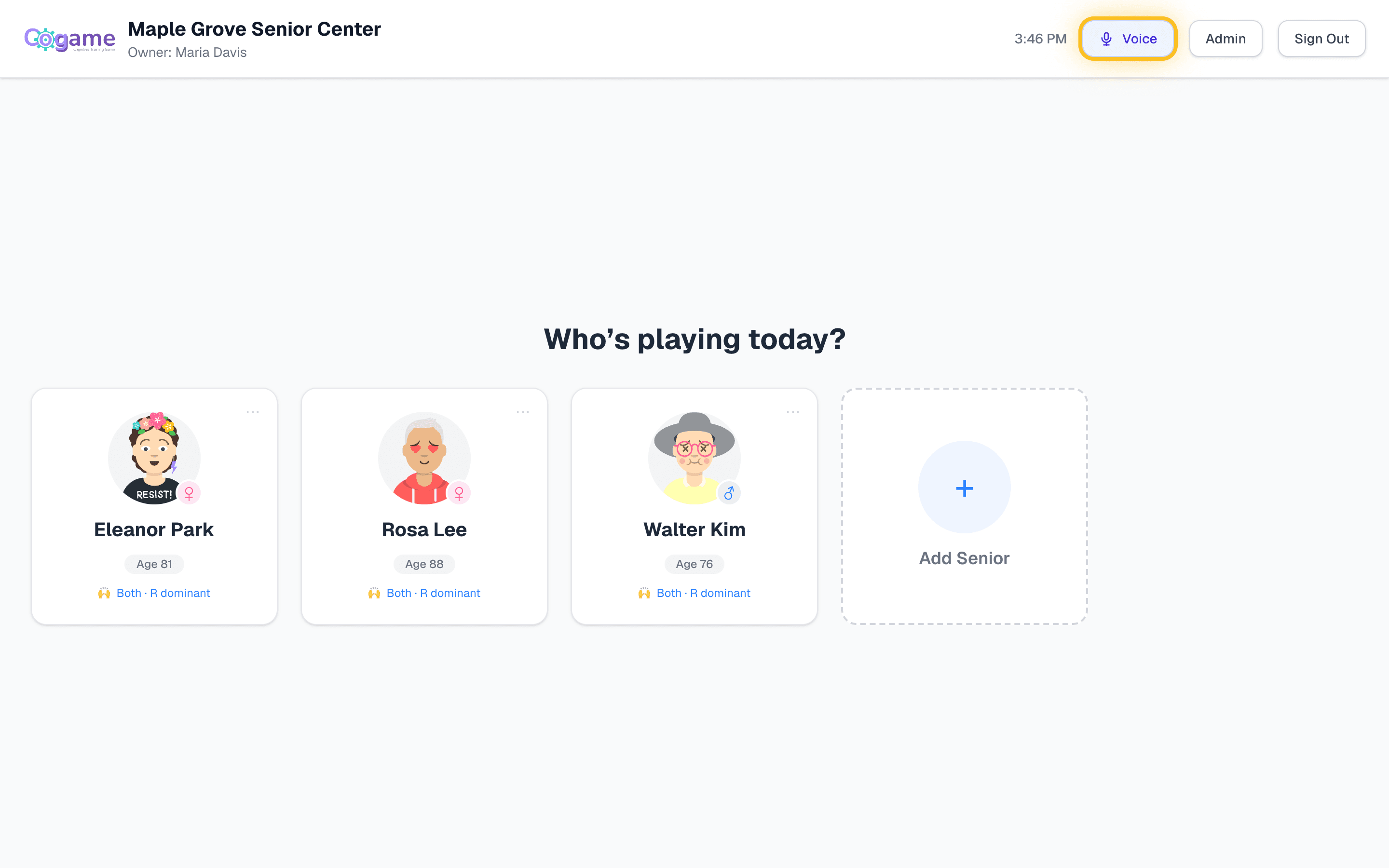 The /play screen with the Voice button highlighted in the top navigation