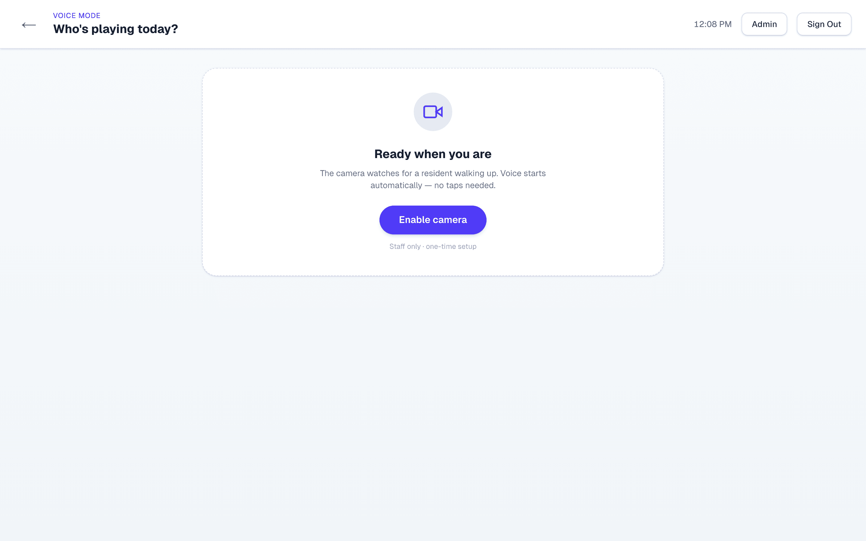 Cogame voice mode screen — camera disabled, ready to start a spoken session