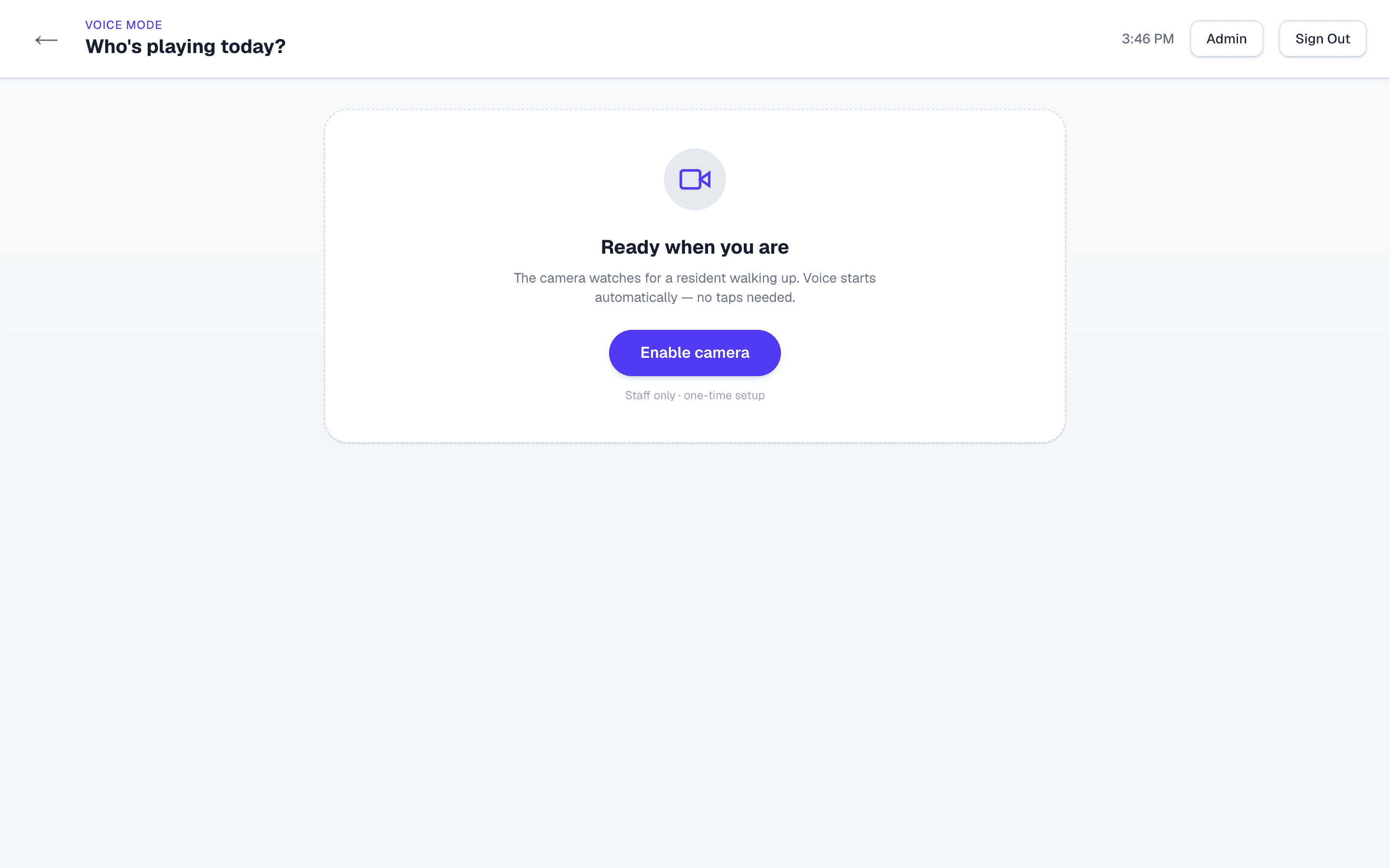 Cogame voice mode screen โ camera disabled, ready to start a spoken session