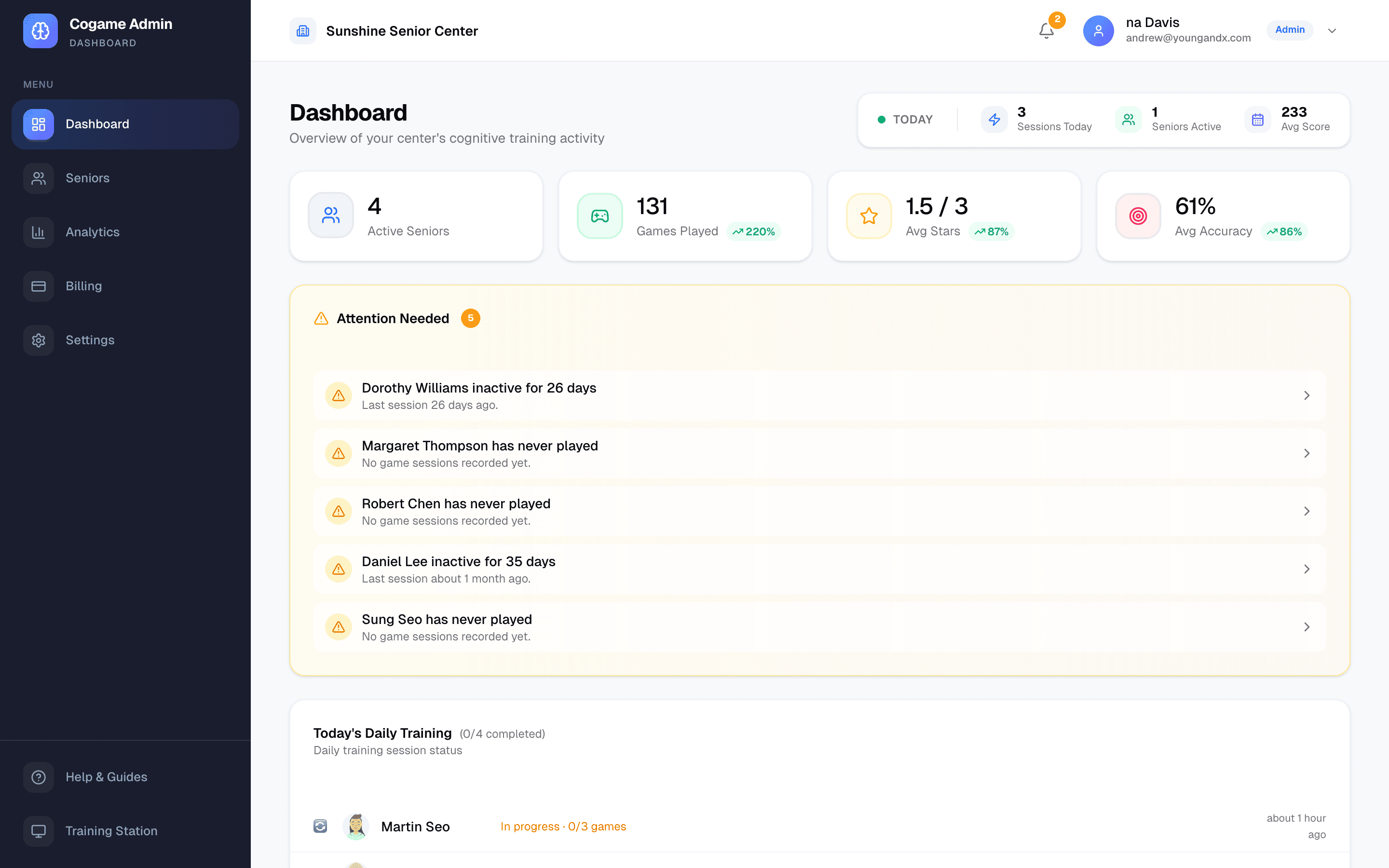 Admin settings page at /admin/settings showing center info and the Team section where roles can be changed