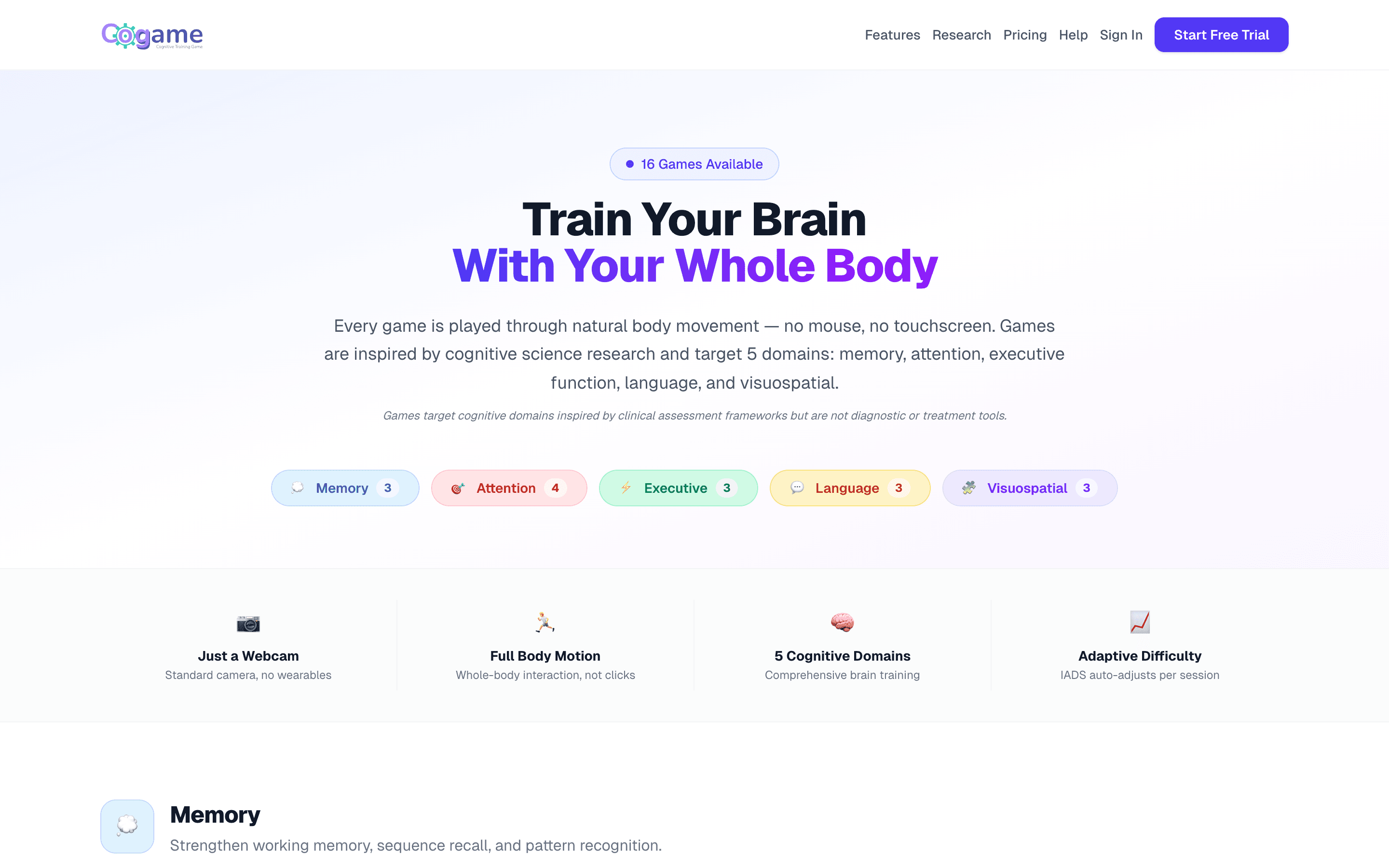 Cogame games catalog at /games — 16 games organized into 5 cognitive areas with category filter pills