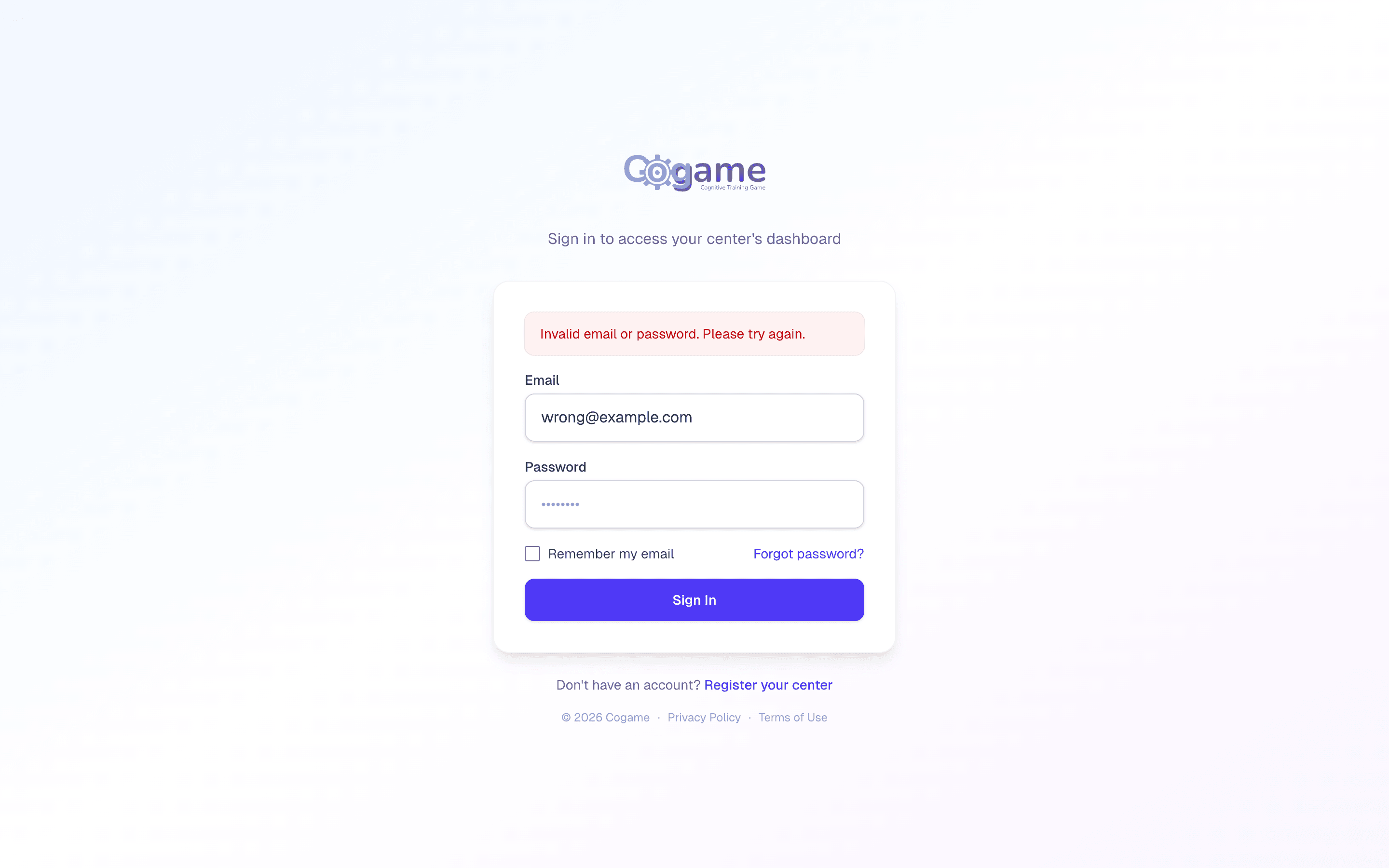 Cogame login screen showing the red 'Invalid email or password. Please try again.' banner above the email field
