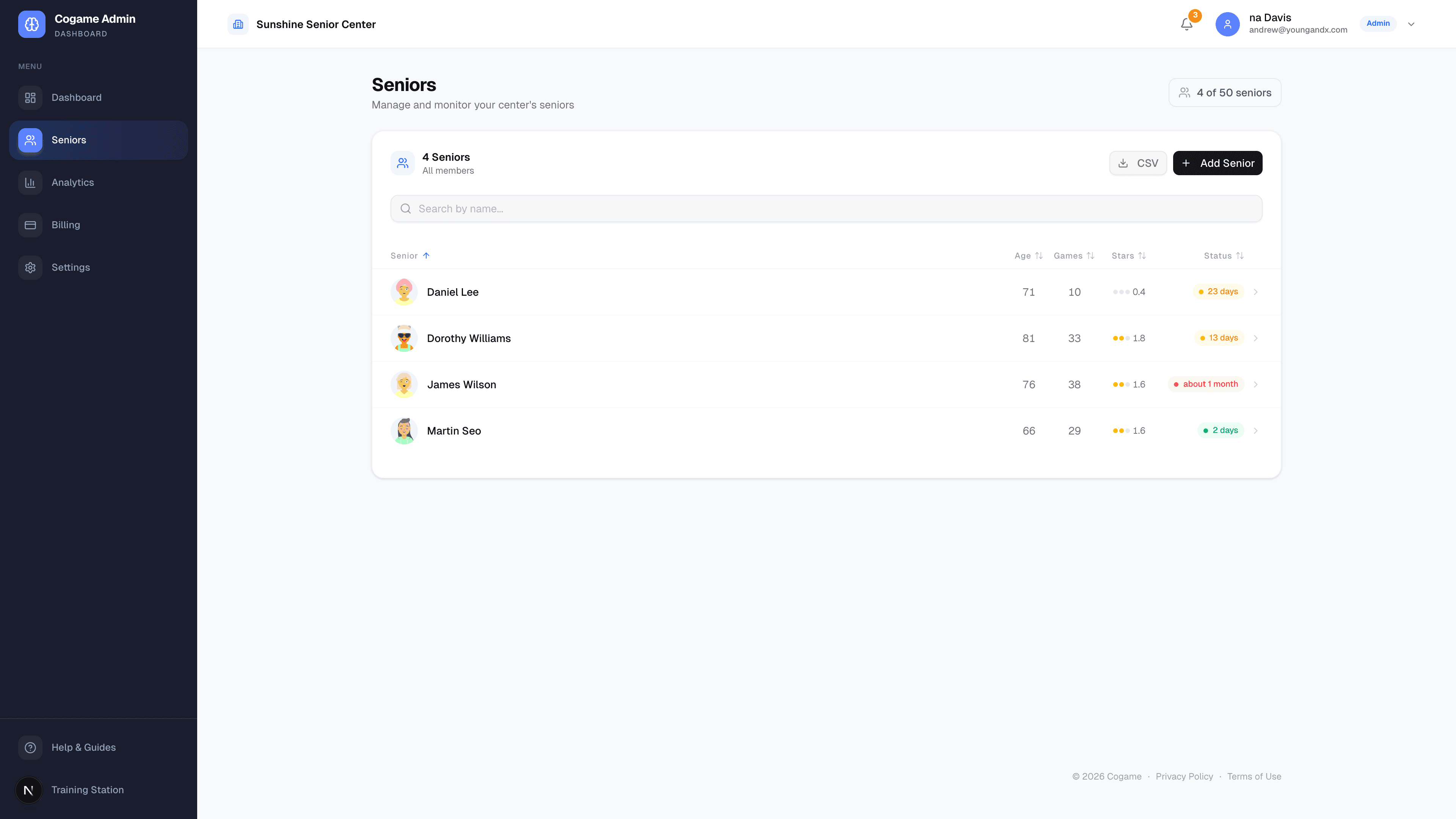 Senior management screen at /admin/seniors with avatar grid and accessibility settings